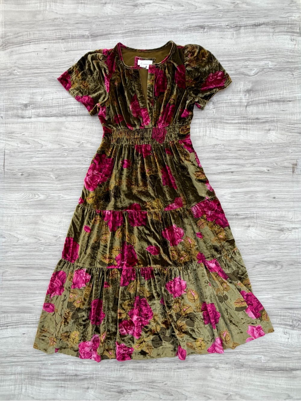 Anthropologie Olive Velvet Maxi Dress with Magenta Floral Print